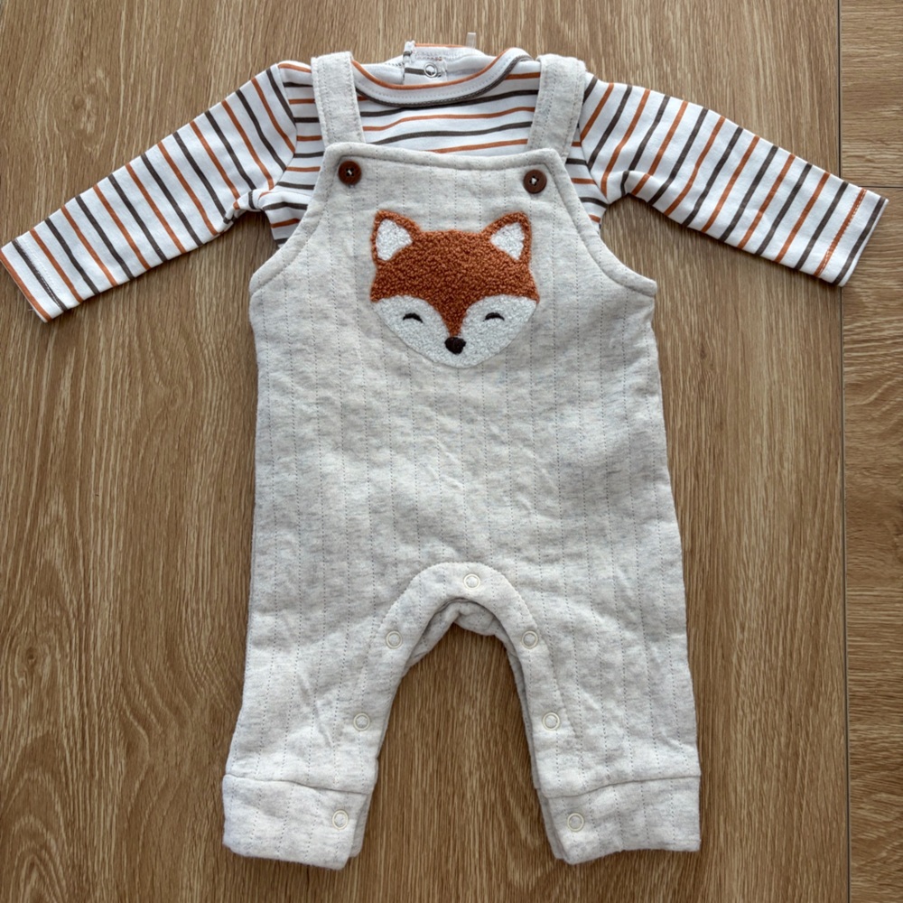 chick pea Cream Knit Overalls with Brown and Orange Stripe Tee